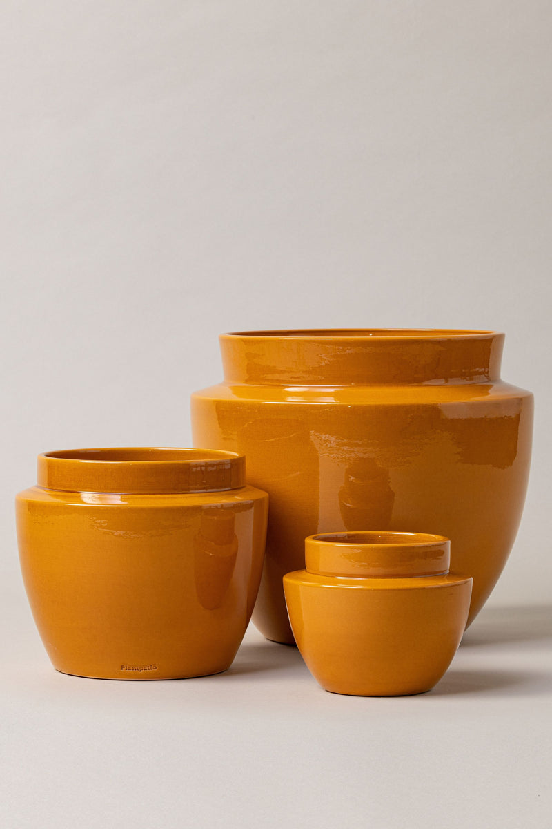 set of three Terracotta glazed plant pots of different sizes in yellow color