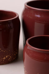 close up of three red planters