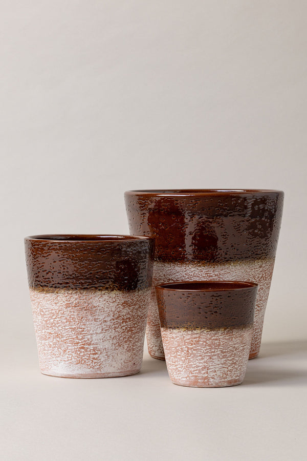 Set of 3 aged terracotta glazed plant pots in brown color.