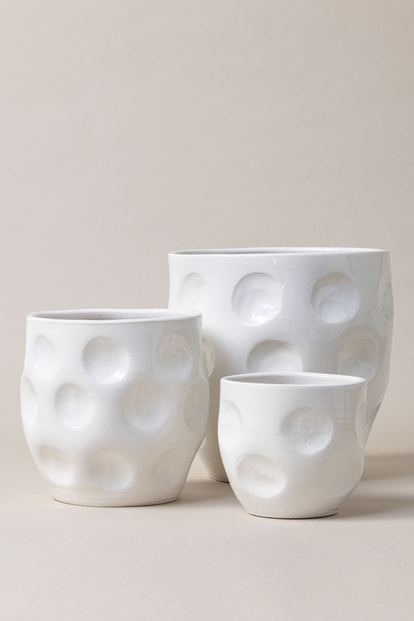 Set of 3 terracotta plant pots in white color.
