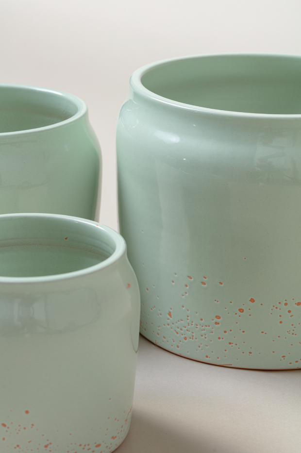 Set of three Terracotta Glazed Plant Pots of different sizes  in Mint Green Color