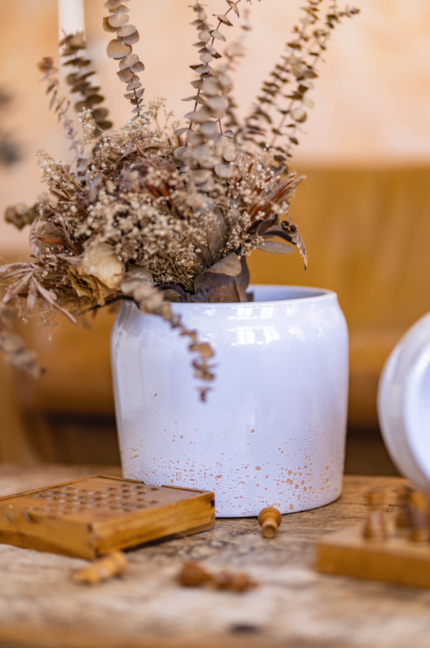 terracotta glazed plant pot in white color on table with dry flowers inside